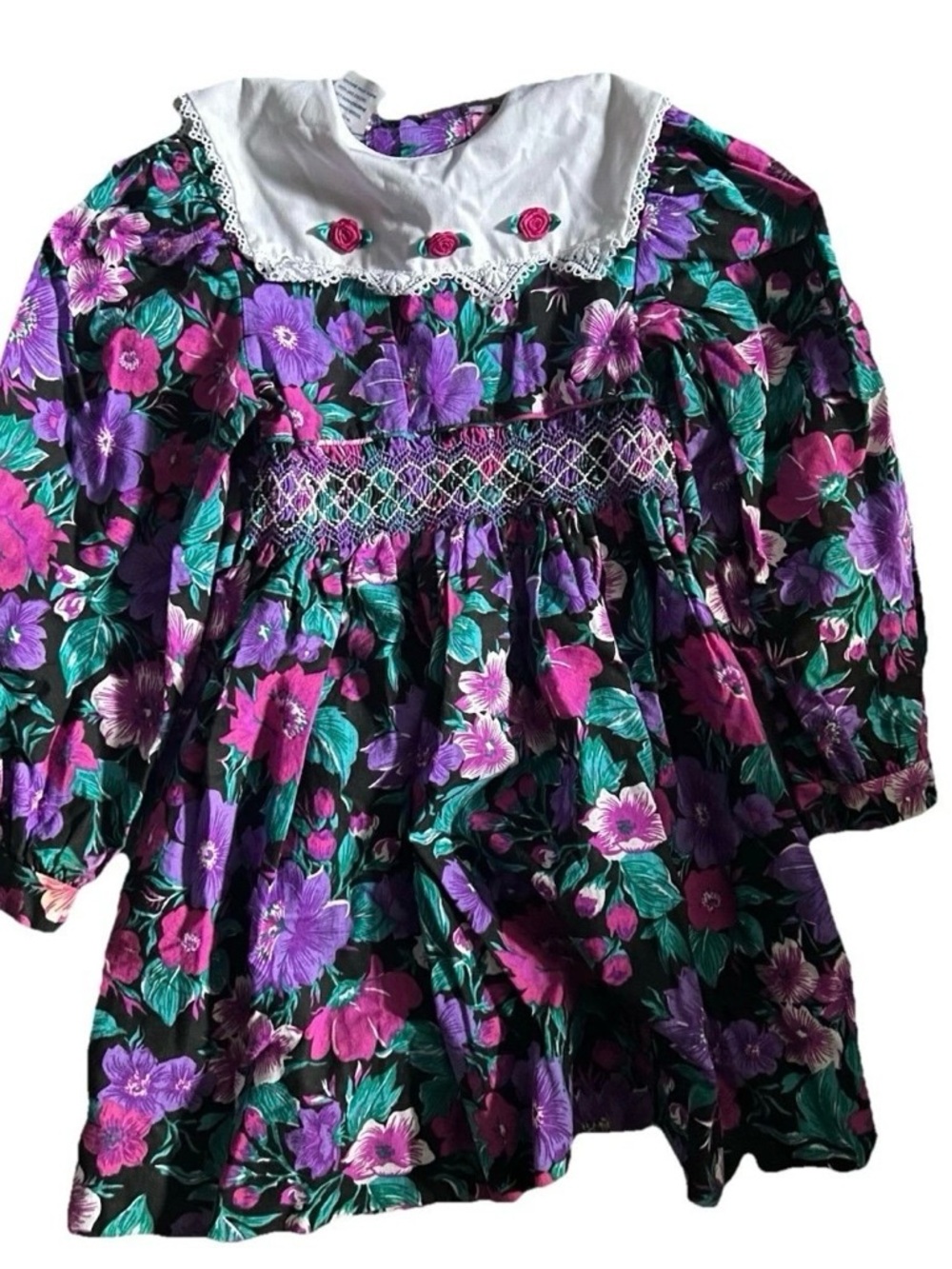 Girls Vintage Polly Flinders Pink And Purple Floral Smocked Dress Size 5